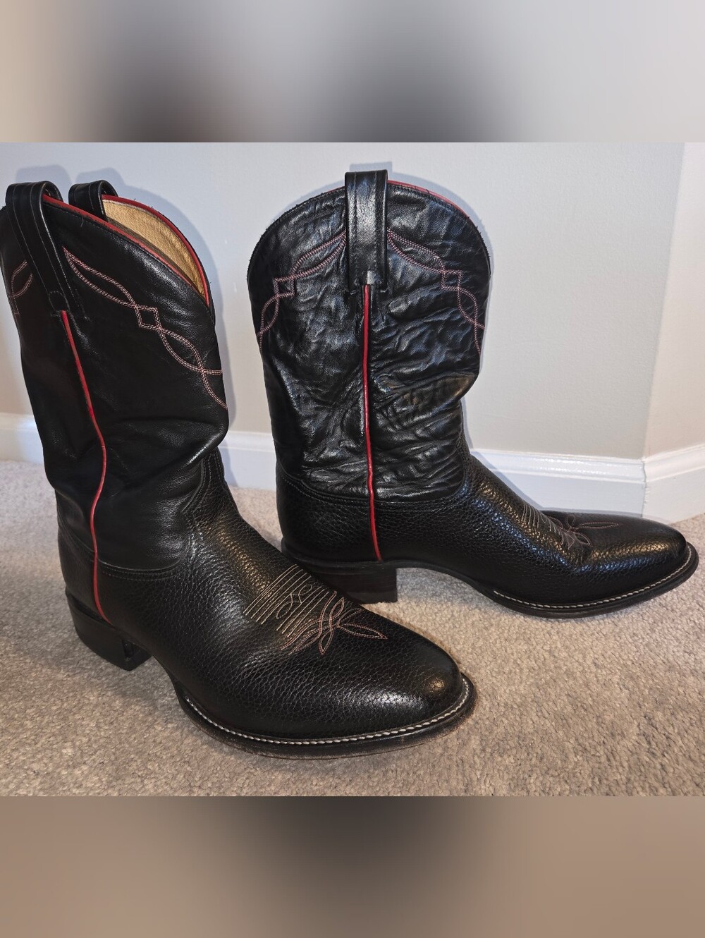 Men's Tony Lama Black Leather Cowboy Boots with Red Trim